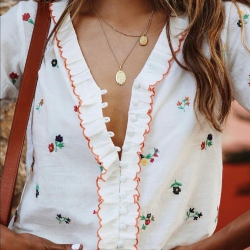 Sezane White Button-Down Ruffle V-Neck Top with Multicolor Floral Embroidery